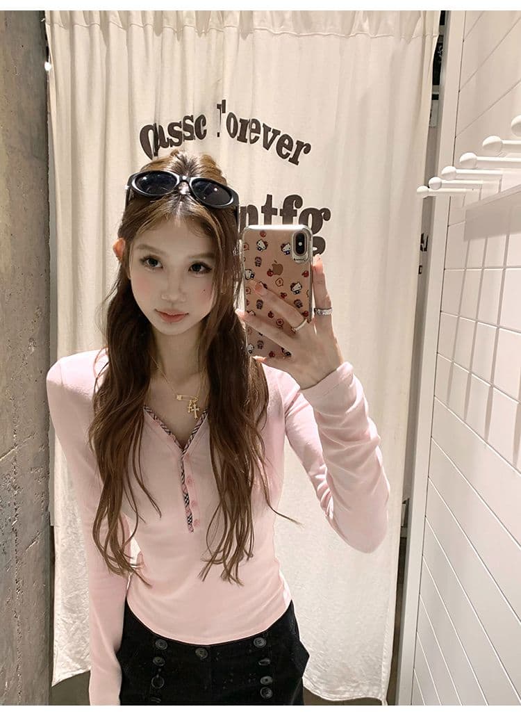 1 1 De 플러시 c 조금 만나는 체크무늬 패치워크 V넥 긴팔 티셔츠 여성 몸매 가꾸기 슬림해 보이는 인사이드 가져 가라. 기본 셔츠 맨위