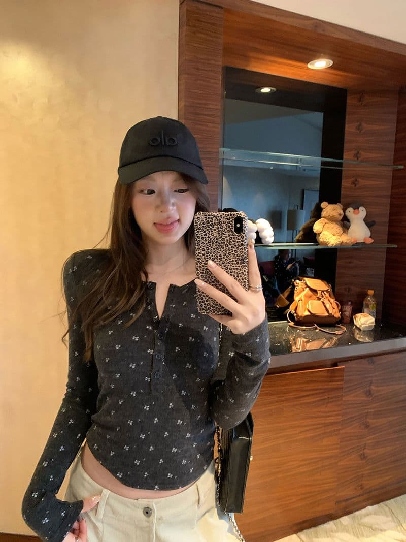 원본 원단 아메리칸 레트로 연삭 털 몸매 가꾸기 인사이드 가져 가라. 긴팔 헨리 칼라 기본 셔츠 여성 꽃무늬 니트 맨위 상세 이미지 9