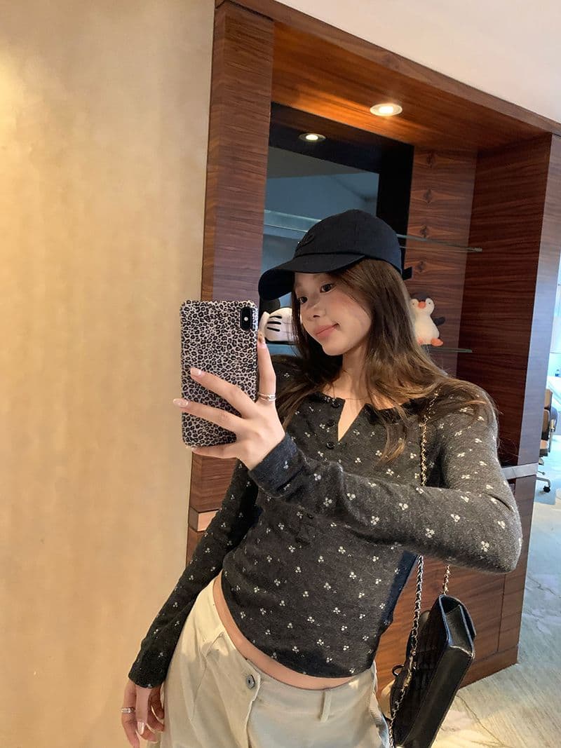 원본 원단 아메리칸 레트로 연삭 털 몸매 가꾸기 인사이드 가져 가라. 긴팔 헨리 칼라 기본 셔츠 여성 꽃무늬 니트 맨위 상세 이미지 16
