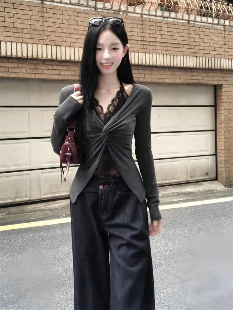 1 1 와 사고 방식 패치워크 레이스 페이크 레이어드 행침 목 긴팔 티셔츠 여성 가을 순수한 욕망 바람 비틀림 몸매 가꾸기 회색 맨위