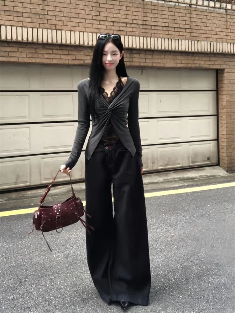 1 1 와 사고 방식 패치워크 레이스 페이크 레이어드 행침 목 긴팔 티셔츠 여성 가을 순수한 욕망 바람 비틀림 몸매 가꾸기 회색 맨위 상세 이미지 3