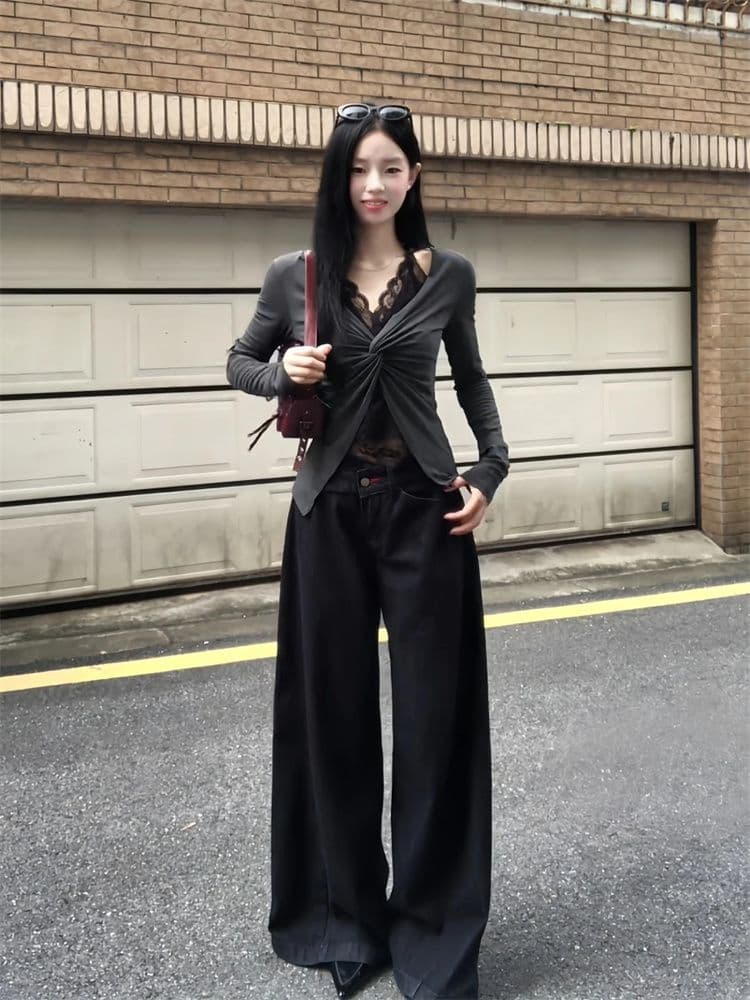 1 1 와 사고 방식 패치워크 레이스 페이크 레이어드 행침 목 긴팔 티셔츠 여성 가을 순수한 욕망 바람 비틀림 몸매 가꾸기 회색 맨위 상세 이미지 4