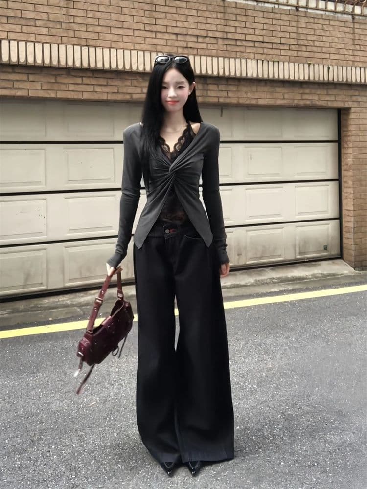 1 1 와 사고 방식 패치워크 레이스 페이크 레이어드 행침 목 긴팔 티셔츠 여성 가을 순수한 욕망 바람 비틀림 몸매 가꾸기 회색 맨위 상세 이미지 5