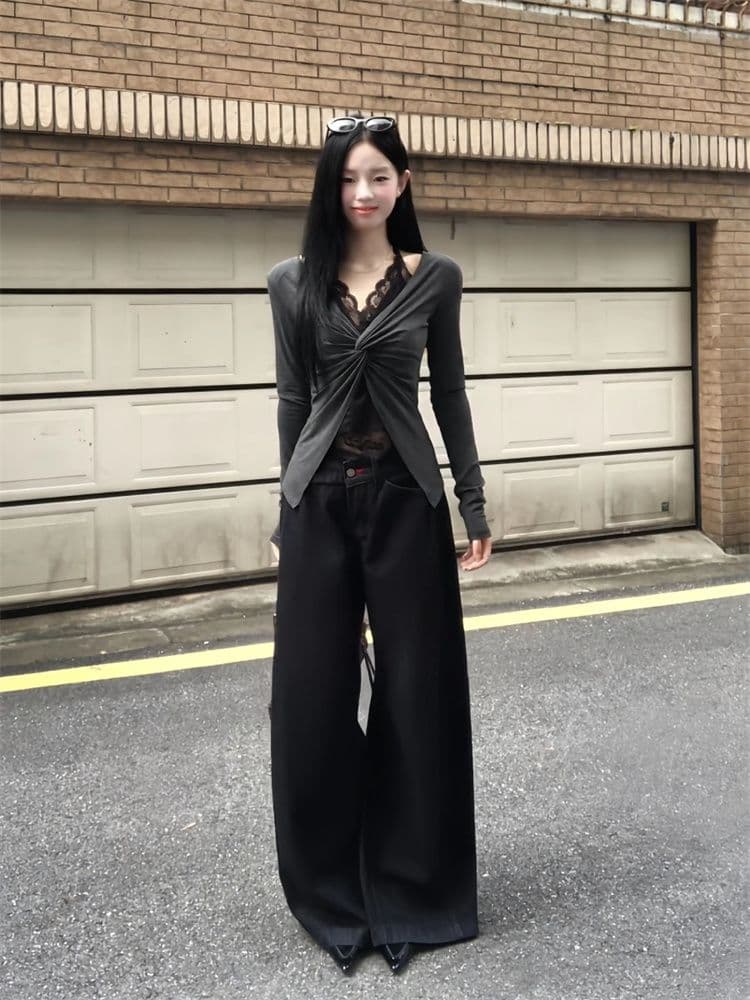 1 1 와 사고 방식 패치워크 레이스 페이크 레이어드 행침 목 긴팔 티셔츠 여성 가을 순수한 욕망 바람 비틀림 몸매 가꾸기 회색 맨위 상세 이미지 6