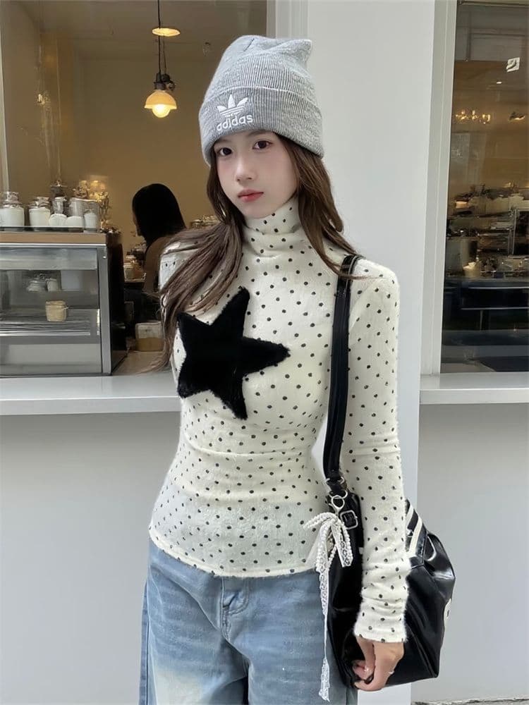 원본 원단 아메리칸 레트로 스타일 달콤함 말뚝 더미 칼라 도트 무늬 인사이드 가져 가라. 기본 셔츠 여성 가을 겨울 긴팔 연령 감소 맨위