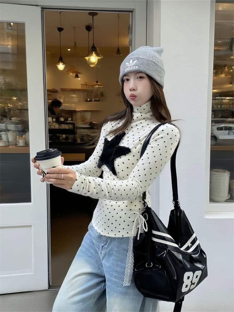 원본 원단 아메리칸 레트로 스타일 달콤함 말뚝 더미 칼라 도트 무늬 인사이드 가져 가라. 기본 셔츠 여성 가을 겨울 긴팔 연령 감소 맨위 상세 이미지 4