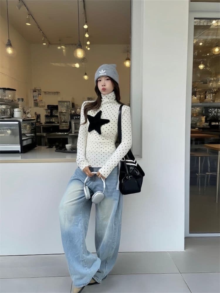 원본 원단 아메리칸 레트로 스타일 달콤함 말뚝 더미 칼라 도트 무늬 인사이드 가져 가라. 기본 셔츠 여성 가을 겨울 긴팔 연령 감소 맨위 상세 이미지 5