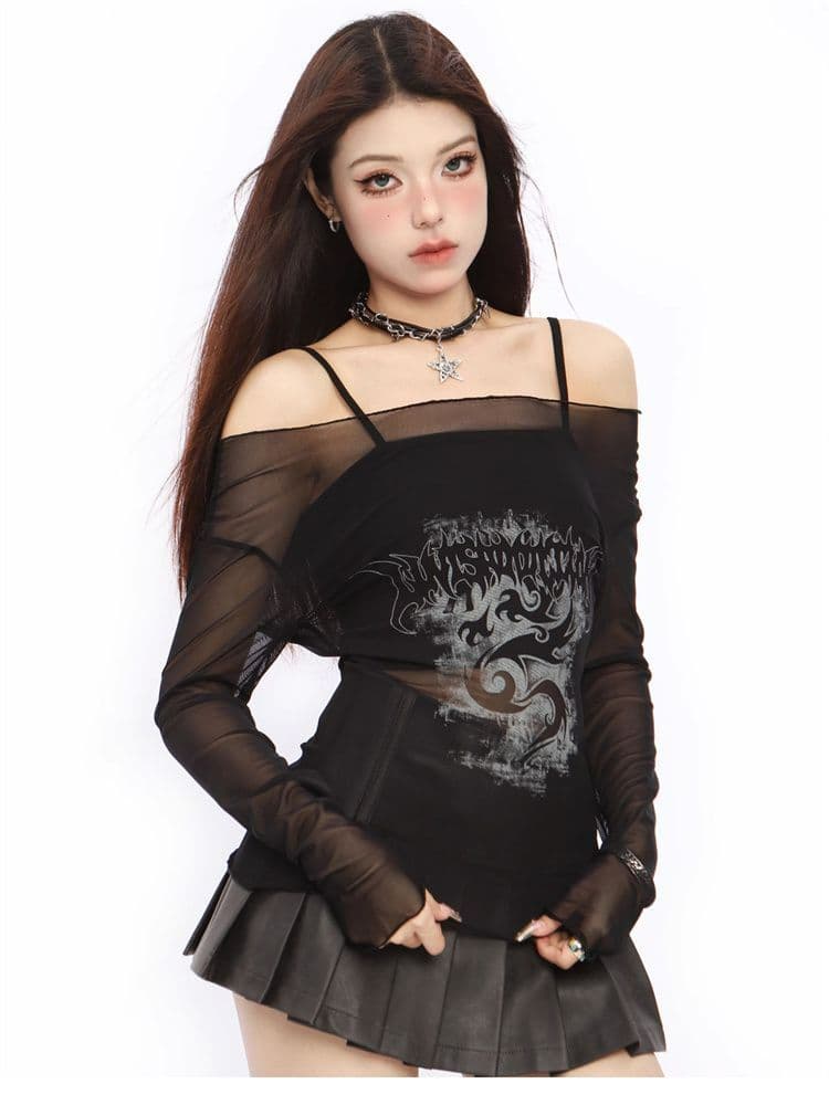 메시 원단 달콤한 차가운 핫걸 긴팔 망사 자외선 차단 티셔츠 아메리칸 순수한 욕망 오프숄더 슬림해 보이는 다용도 맨위 상세 이미지 4
