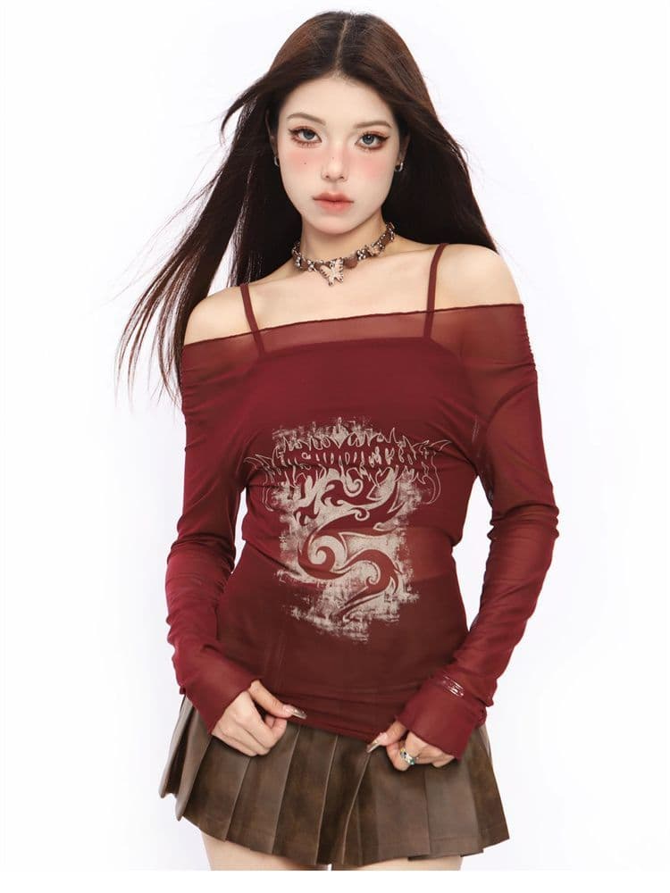 메시 원단 달콤한 차가운 핫걸 긴팔 망사 자외선 차단 티셔츠 아메리칸 순수한 욕망 오프숄더 슬림해 보이는 다용도 맨위 상세 이미지 5