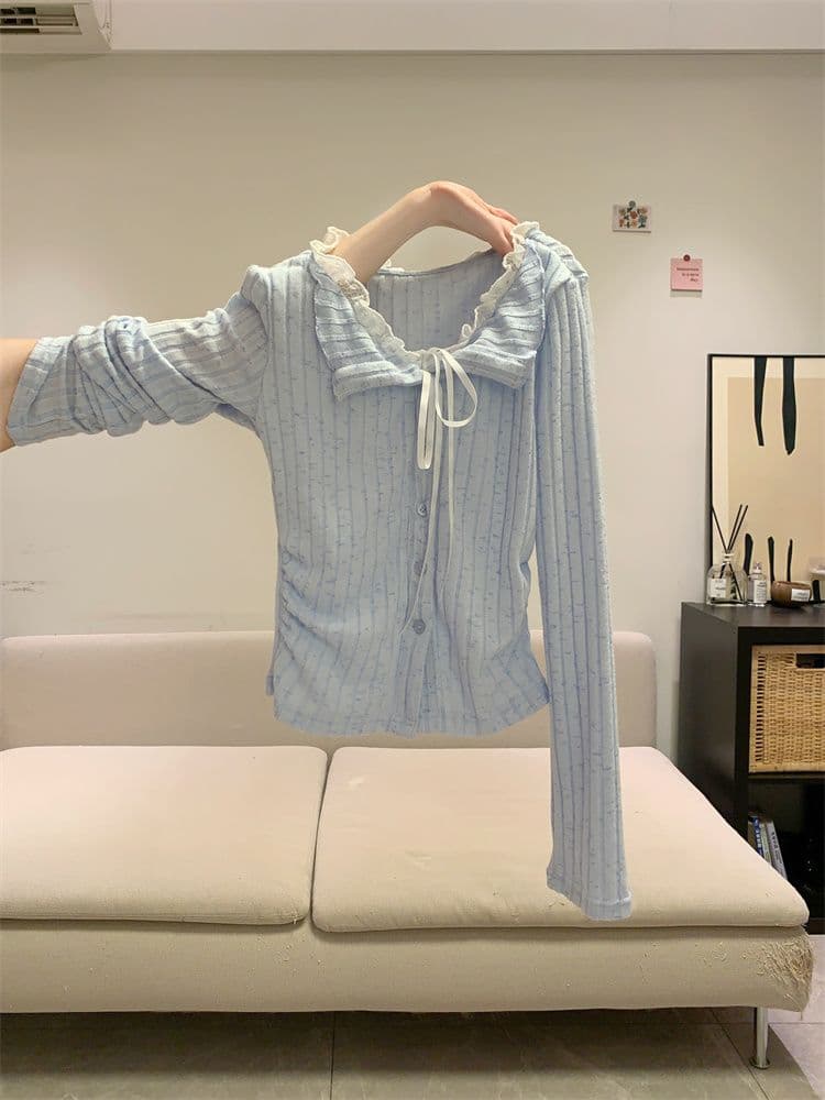 원본 원단 한 부서 레이스 측면 페이크 레이어드 긴팔 티셔츠 여성 가을 겨울 bm 바람 구덩이 기사 기본 셔츠 긍정적 인 어깨 의류 상세 이미지 2