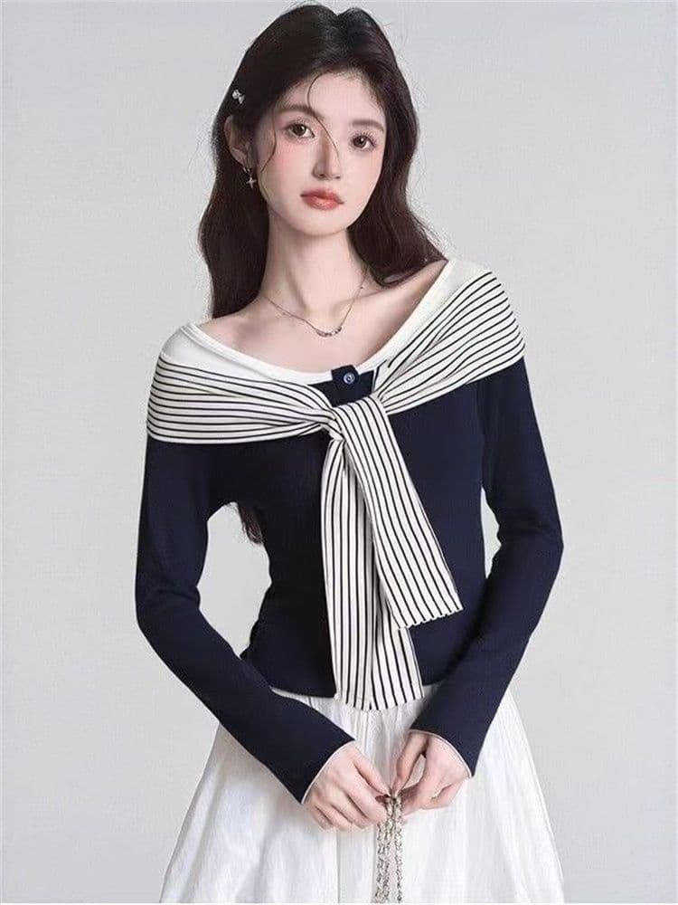 1 1 와 사고 방식 한 부서 블루 스트라이프 스트랩 오프숄더 긴팔 티셔츠 여성 이른 가을 배색 몸매 가꾸기 슬림해 보이는 맨위 이미지 2