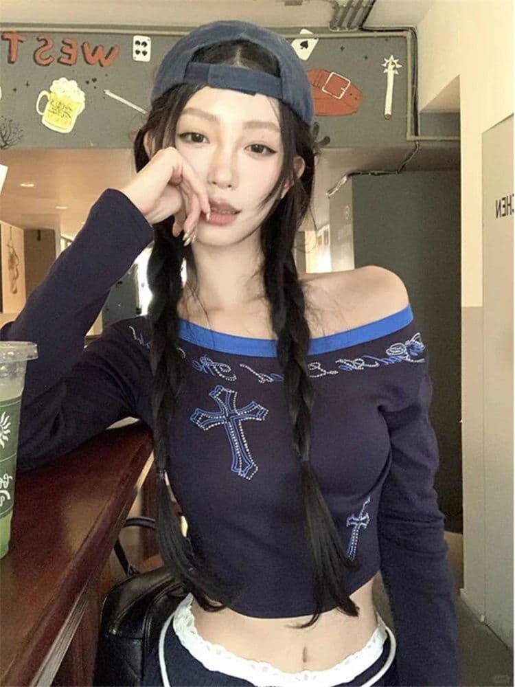 260 그램 사람들 1 1 면 모달 핫걸 레트로 핫픽스 프린트 오프숄더 허리 수축 슬림해 보이는 긴팔 맨위 상세 이미지 3