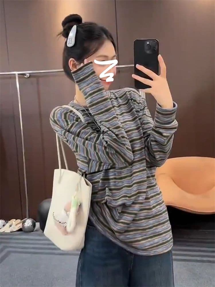 원본 원단 레트로 느긋한 스트라이프 긴팔 티셔츠 여성 이른 가을 루즈핏 캐주얼 기본 셔츠 맨위 한 부서 착용 가져 가라.