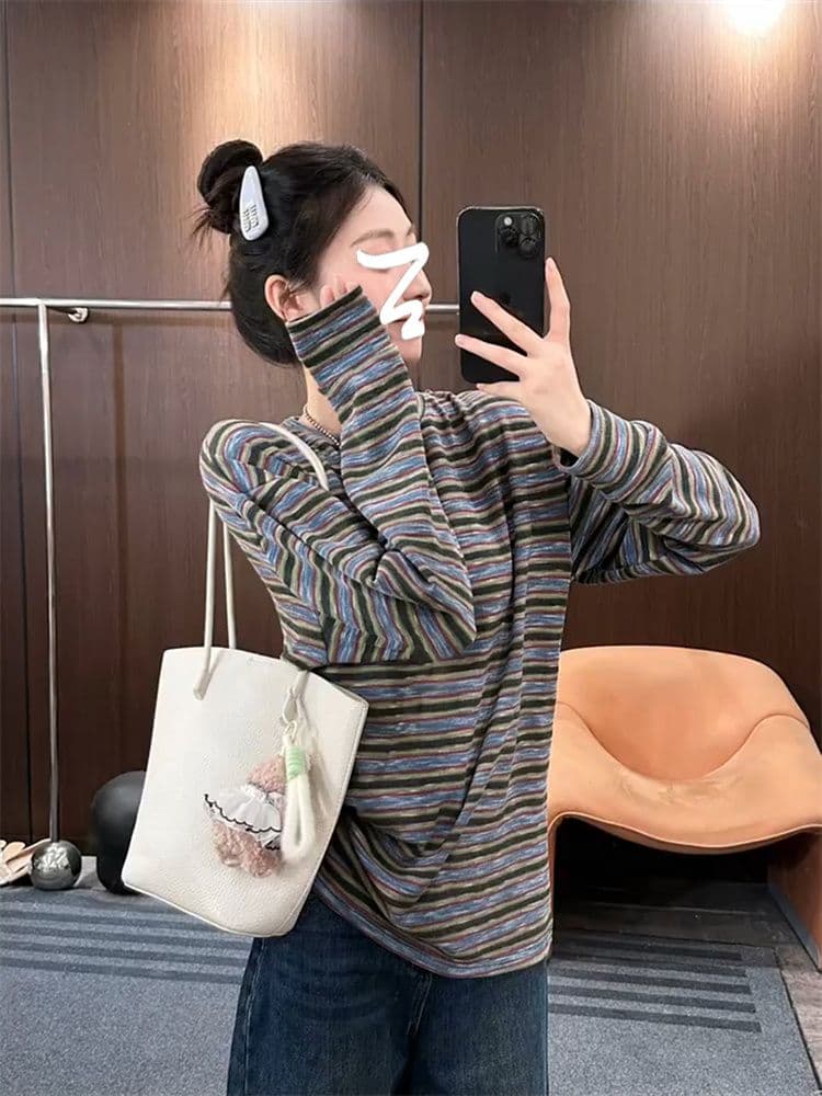 원본 원단 레트로 느긋한 스트라이프 긴팔 티셔츠 여성 이른 가을 루즈핏 캐주얼 기본 셔츠 맨위 한 부서 착용 가져 가라. 이미지 2