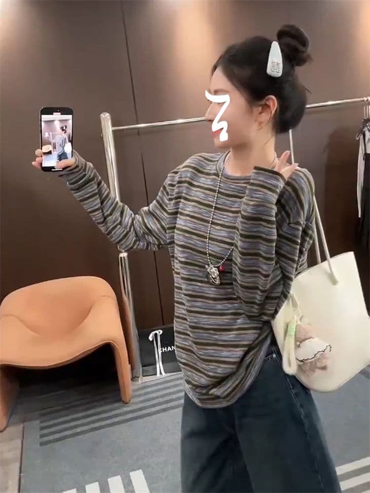 원본 원단 레트로 느긋한 스트라이프 긴팔 티셔츠 여성 이른 가을 루즈핏 캐주얼 기본 셔츠 맨위 한 부서 착용 가져 가라. 상세 이미지 3