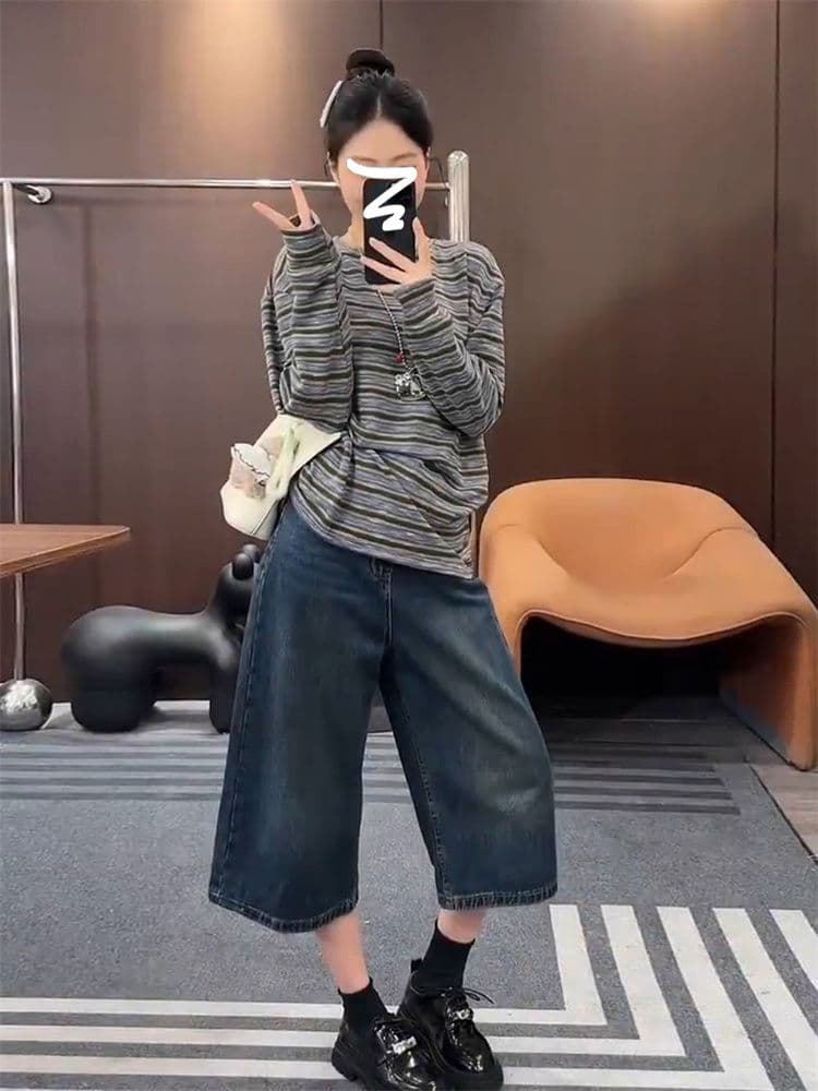 원본 원단 레트로 느긋한 스트라이프 긴팔 티셔츠 여성 이른 가을 루즈핏 캐주얼 기본 셔츠 맨위 한 부서 착용 가져 가라. 상세 이미지 4