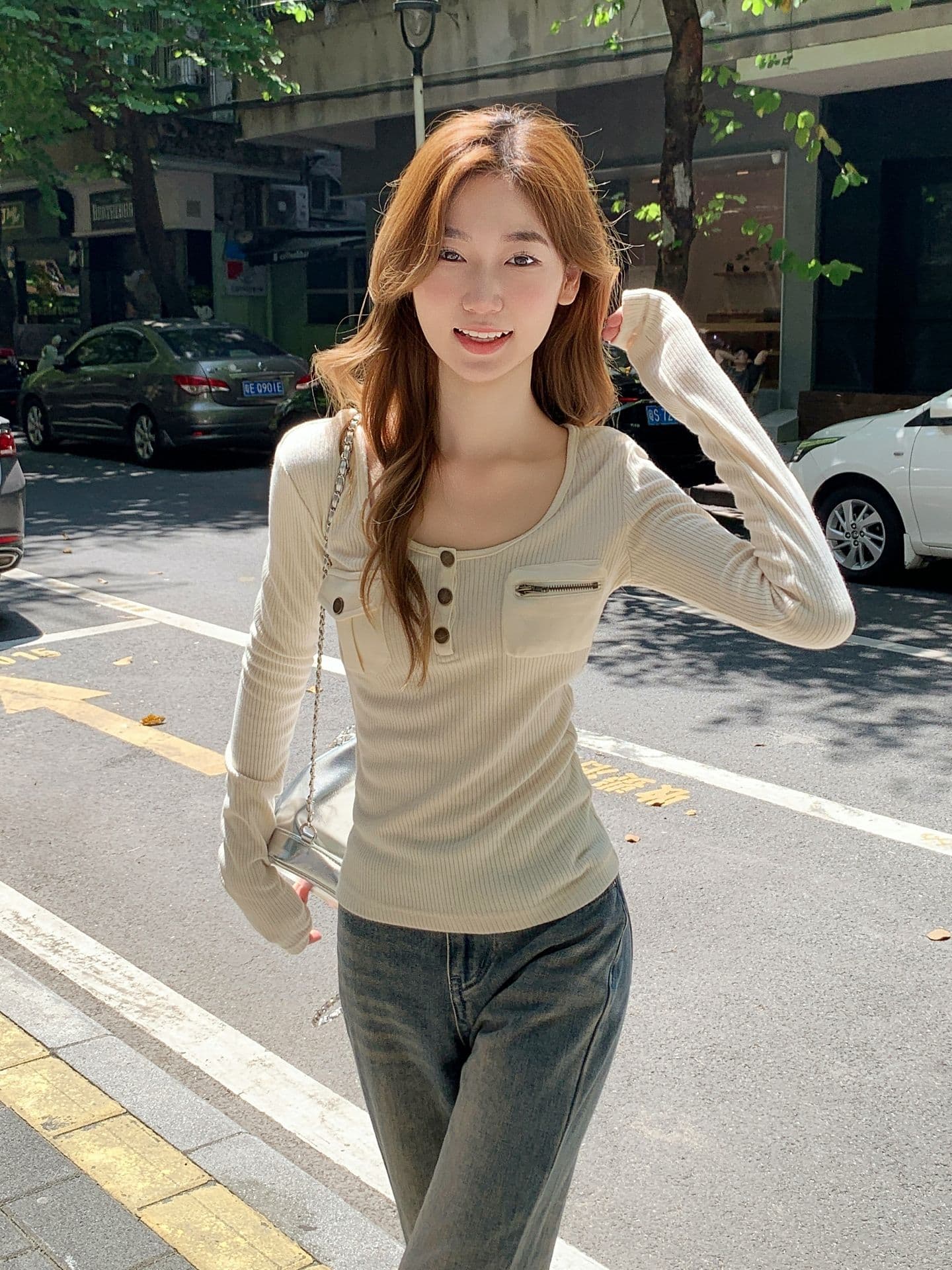 원본 원단 순수한 욕망 핫걸 바람 패치워크 주머니 긴팔 티셔츠 여성 가을 몸매 가꾸기 슬림해 보이는 인사이드 가져 가라. 아름다운 맨위 이미지 2