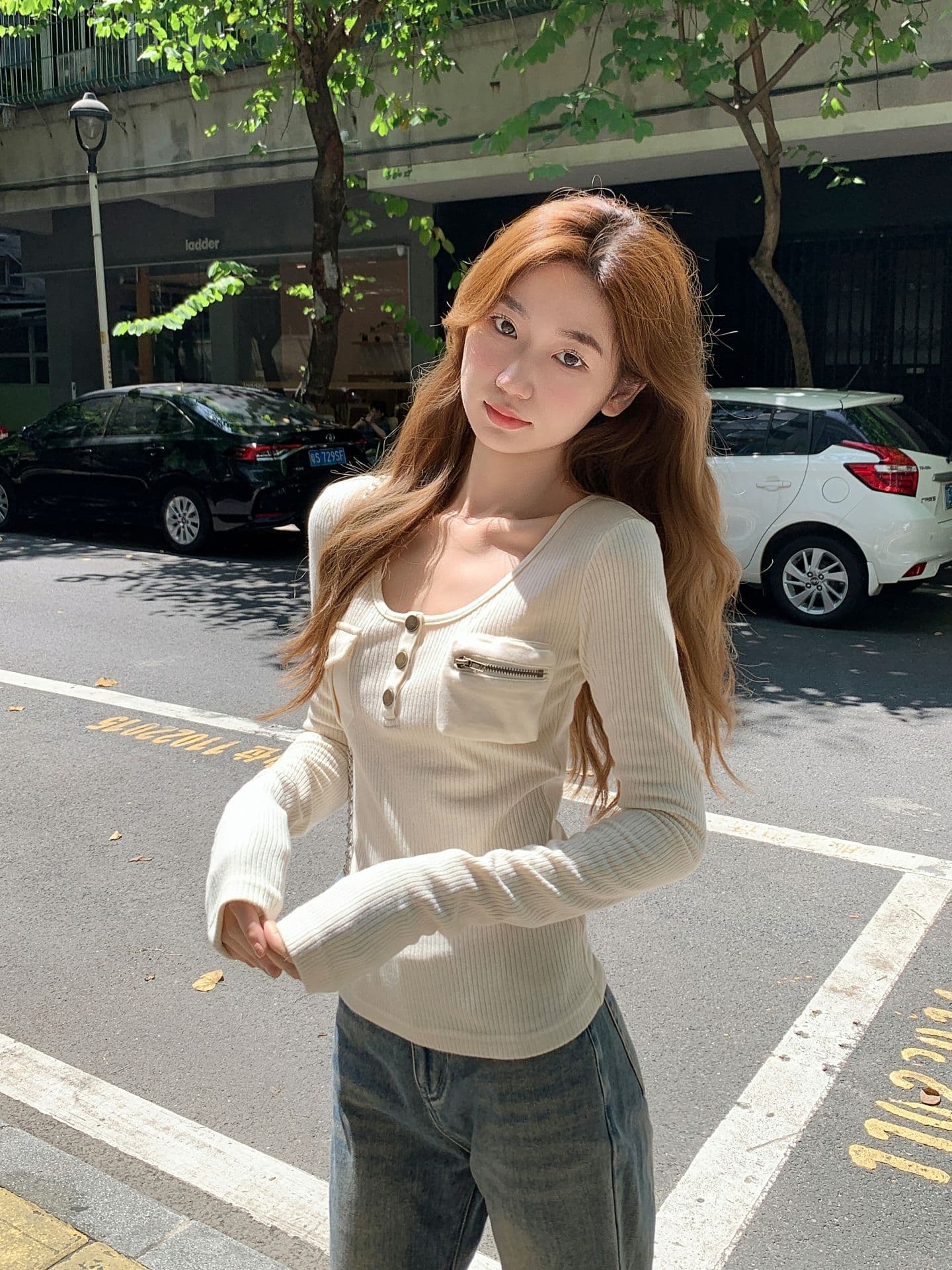 원본 원단 순수한 욕망 핫걸 바람 패치워크 주머니 긴팔 티셔츠 여성 가을 몸매 가꾸기 슬림해 보이는 인사이드 가져 가라. 아름다운 맨위 상세 이미지 2