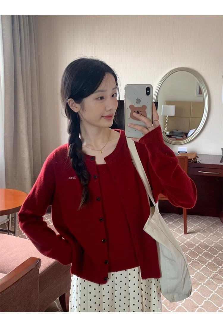 한국 스타일 다용도 라운드 넥 싱글 줄 버튼 긴팔 오픈 가디건 투피스 조끼 니트 스웨터 여성 가을과 겨울 슬림해 보이는 세트 상세 이미지 9