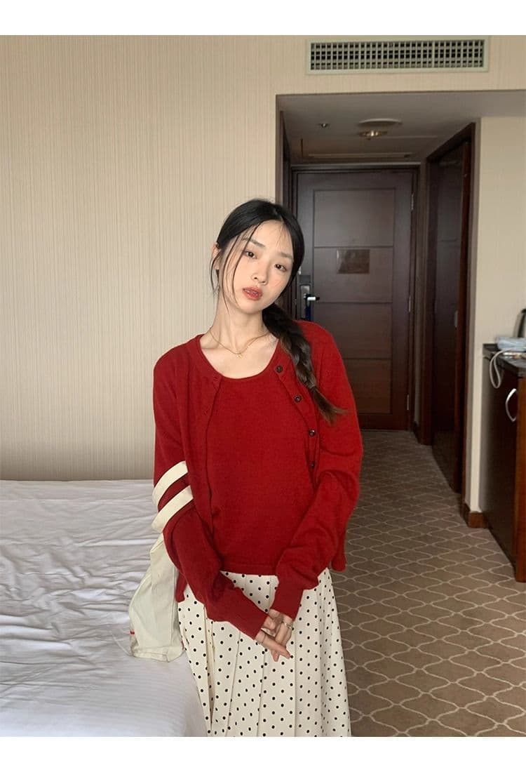 한국 스타일 다용도 라운드 넥 싱글 줄 버튼 긴팔 오픈 가디건 투피스 조끼 니트 스웨터 여성 가을과 겨울 슬림해 보이는 세트 상세 이미지 12