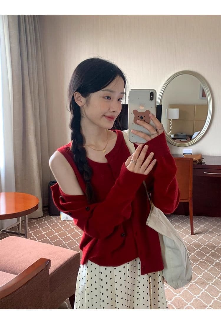 한국 스타일 다용도 라운드 넥 싱글 줄 버튼 긴팔 오픈 가디건 투피스 조끼 니트 스웨터 여성 가을과 겨울 슬림해 보이는 세트 상세 이미지 15