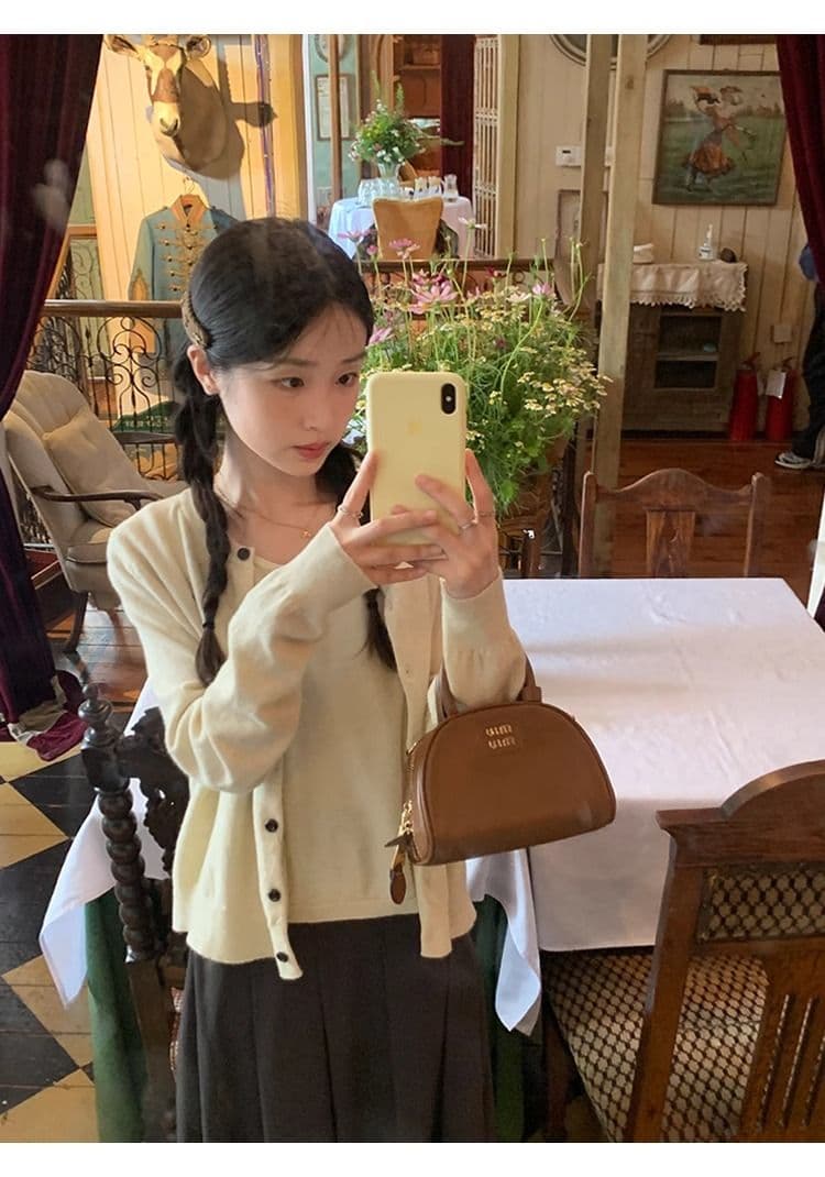 한국 스타일 다용도 라운드 넥 싱글 줄 버튼 긴팔 오픈 가디건 투피스 조끼 니트 스웨터 여성 가을과 겨울 슬림해 보이는 세트 상세 이미지 21