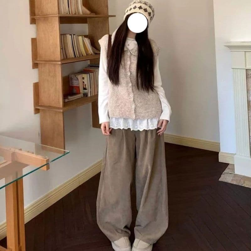 털이 있는 코듀로이 폭발 레트로 느긋한 바람 야마모토 바지 구덩이 기사 펌프 Pleat 루즈핏 캐주얼 바지 이미지 5