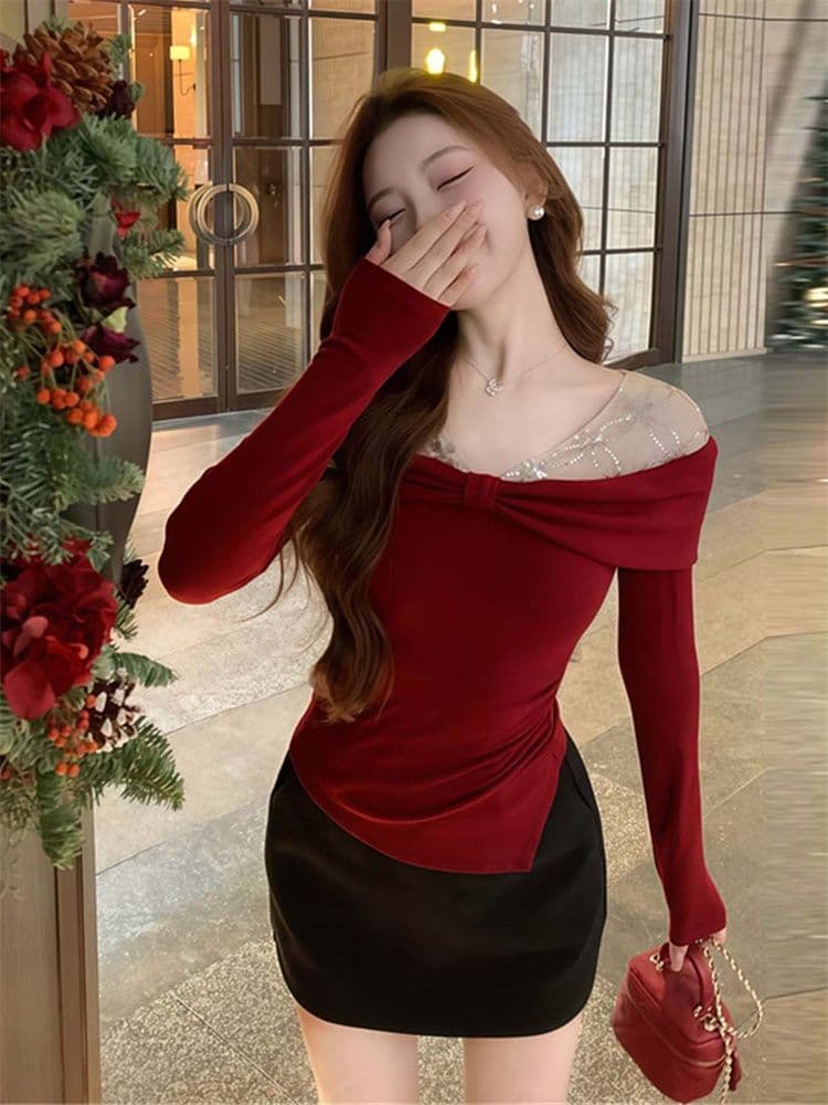 1 1 모달 빨간색 오프숄더 긴팔 티셔츠 여성 겨울 신년 착용 가져 가라. 허리 수축 레이스 조각 페이크 레이어드 맨위 상세 이미지 2