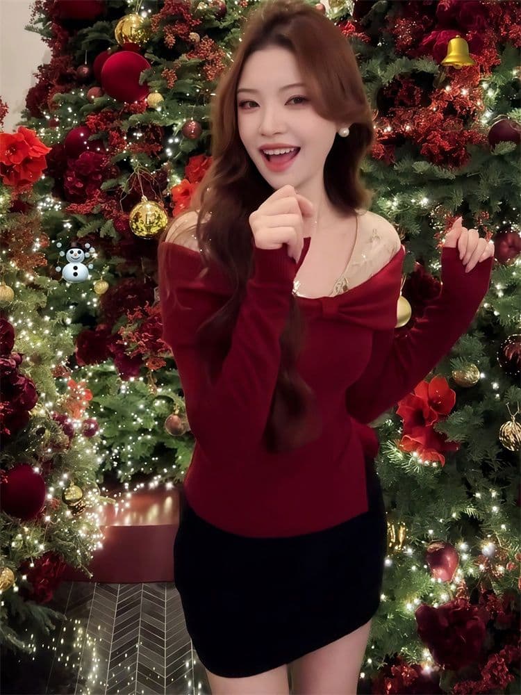 1 1 모달 빨간색 오프숄더 긴팔 티셔츠 여성 겨울 신년 착용 가져 가라. 허리 수축 레이스 조각 페이크 레이어드 맨위 상세 이미지 8
