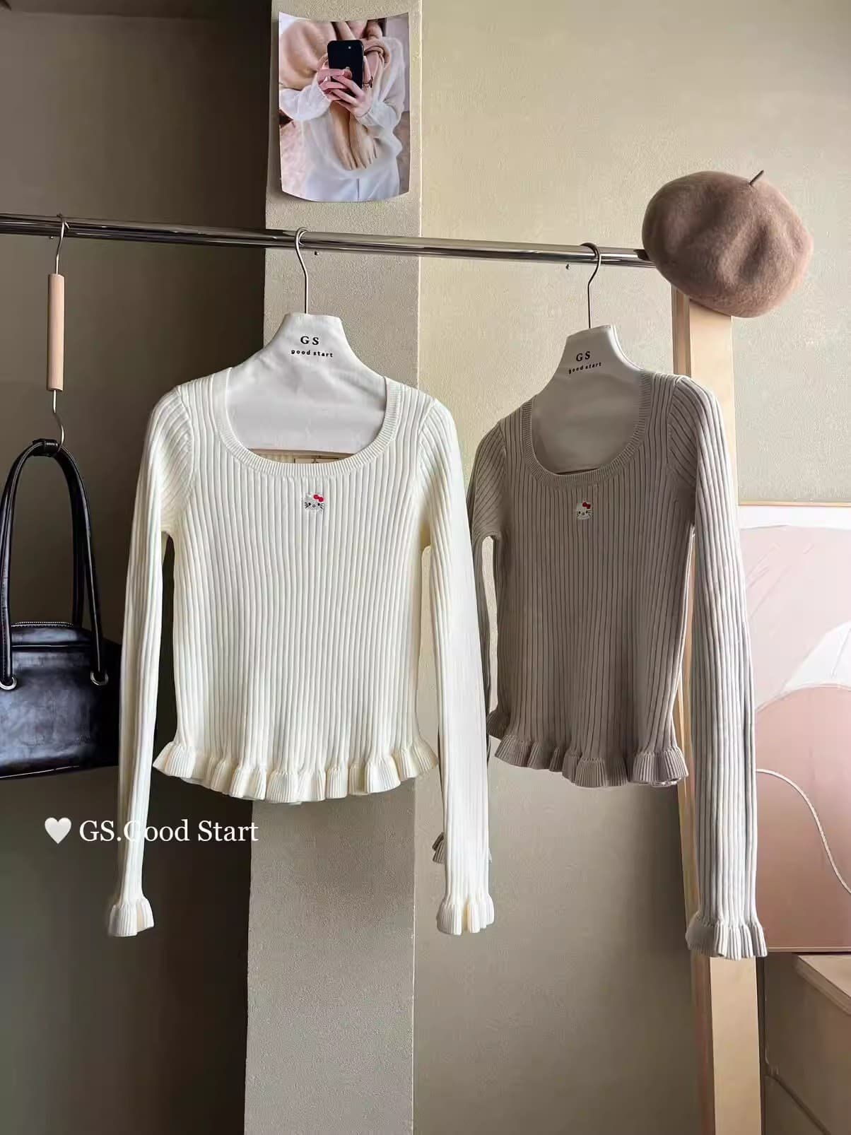 닫힌 눈 입력 완전히 달콤한 자매 벤 자매 2026 년 봄 새로운 달콤함 연령 감소 프릴 슬림해 보이는 니트 작은 셔츠 상세 이미지 4
