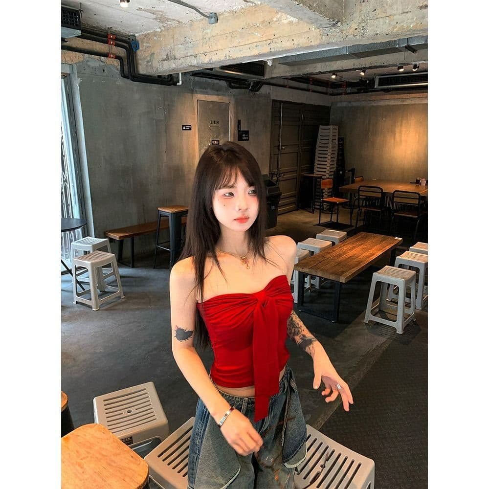 사람들 면 나비 넥타이 튜브탑 조끼 여성 여름 순수한 욕망 바람 포장 가슴 안쪽 가져 가라. 빨간색 달콤한 핫걸 맨위