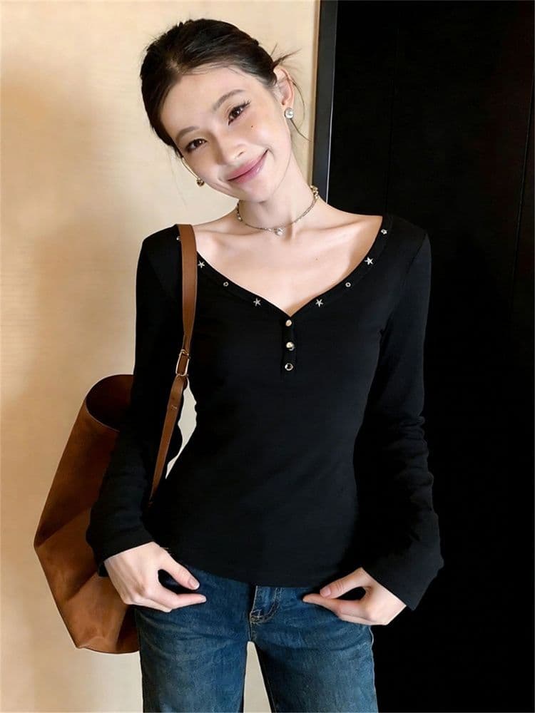 원본 원단 한 부서 징 검정색 V넥 인사이드 가져 가라. 긴팔 티셔츠 여성 봄 핫걸 몸매 가꾸기 기본 셔츠 맨위 여성