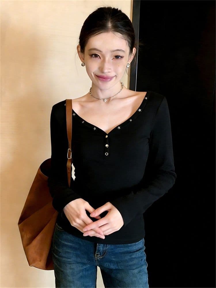 원본 원단 한 부서 징 검정색 V넥 인사이드 가져 가라. 긴팔 티셔츠 여성 봄 핫걸 몸매 가꾸기 기본 셔츠 맨위 여성 상세 이미지 3
