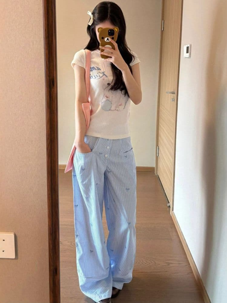 한 부서 품격 캐주얼 스포츠 슈트 여성 여름 긍정적 인 어깨 반팔 긴 바지 학생 귀여운 연령 감소 ootd 투피스 세트 상세 이미지 3