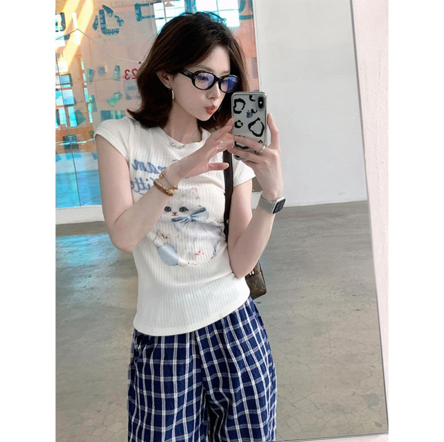 아메리칸 캐주얼 운동복 세트 여성 여름 달콤함 나비 매듭 고양이 몸매 가꾸기 긍정적 인 어깨 반팔 긴 바지 투피스 세트 상세 이미지 2