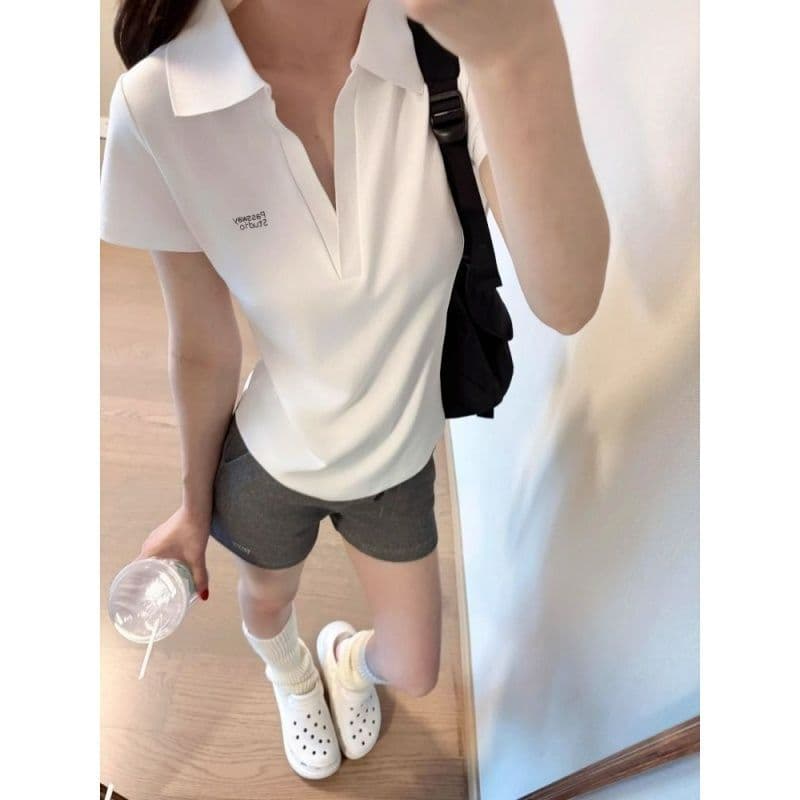 아메리칸 레트로 캐주얼 운동복 세트 여성 여름 달콤한 매운맛 긍정적 인 어깨 화이트 POLO 셔츠 반팔 반바지 투피스 세트 이미지 4