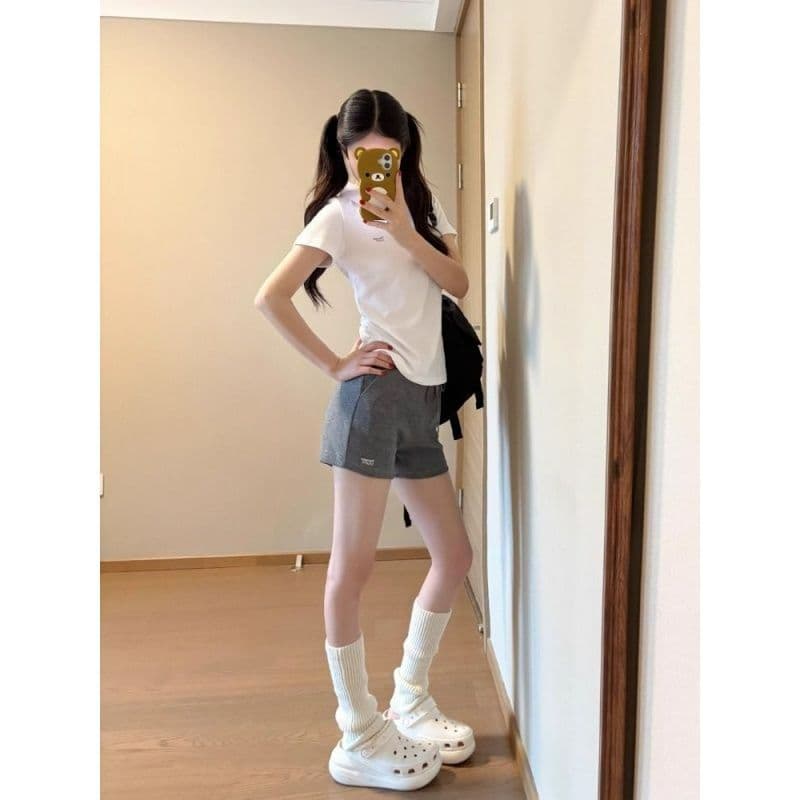 아메리칸 레트로 캐주얼 운동복 세트 여성 여름 달콤한 매운맛 긍정적 인 어깨 화이트 POLO 셔츠 반팔 반바지 투피스 세트 이미지 5
