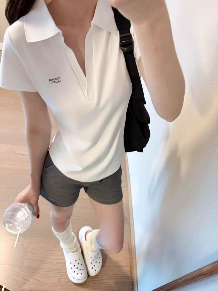 아메리칸 레트로 캐주얼 운동복 세트 여성 여름 달콤한 매운맛 긍정적 인 어깨 화이트 POLO 셔츠 반팔 반바지 투피스 세트 상세 이미지 4