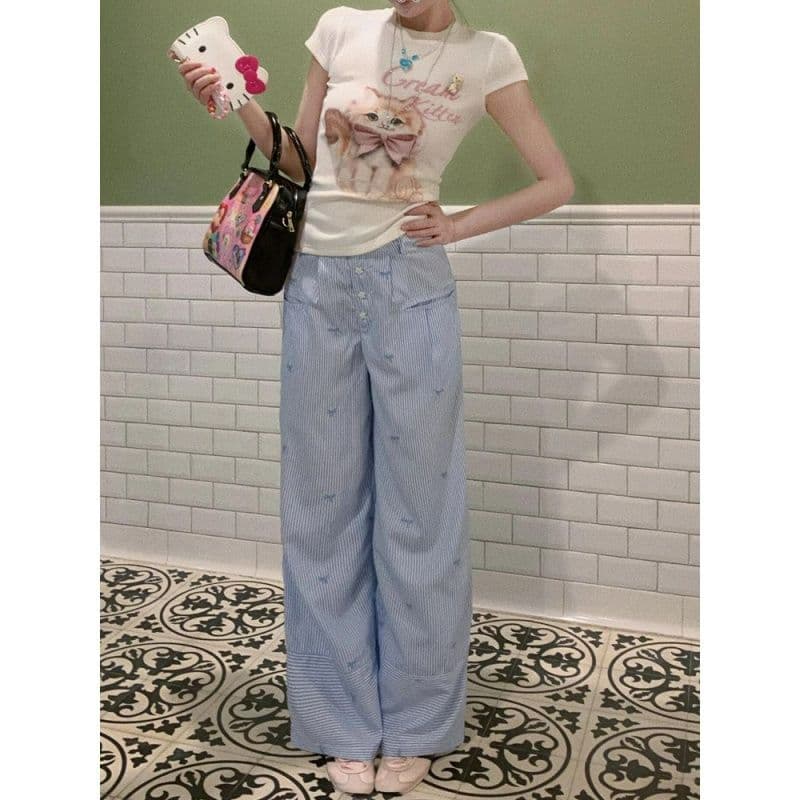귀여운 캐주얼 스포츠 슈트 여성 여름 학생 루즈핏 슬림해 보이는 한국 스타일 패션 반팔 긴 바지 연령 감소 투피스 세트 이미지 3