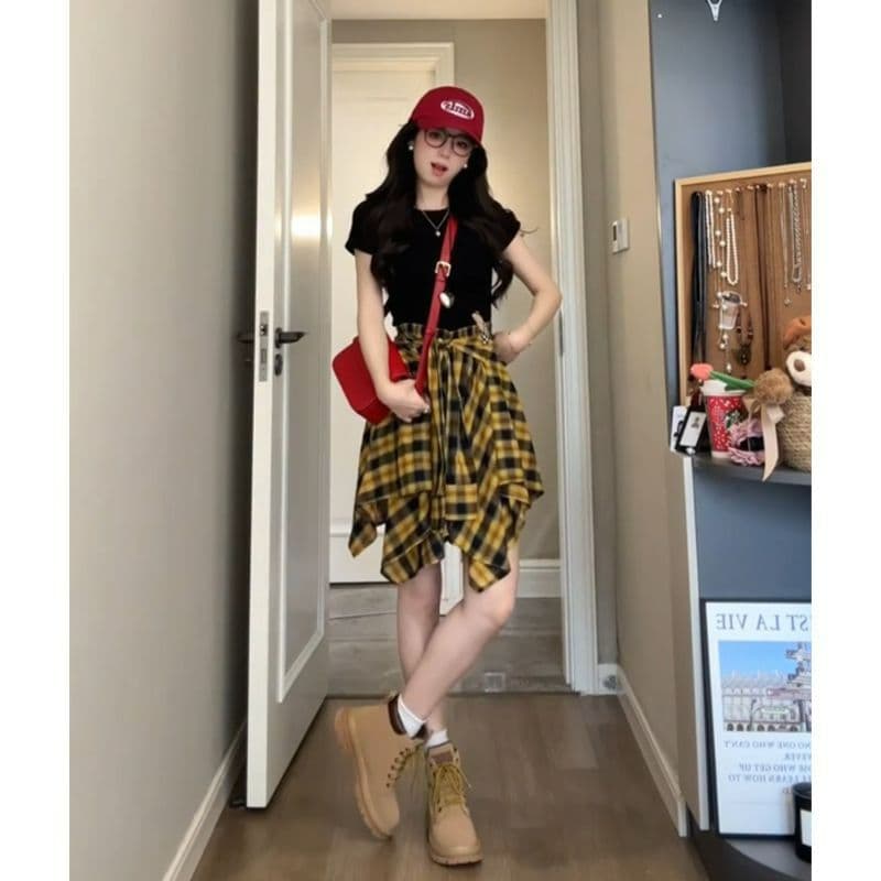 여름 도파민 착용 가져 가라. 전체 집합 패션 한 부서 느긋한 바람 고유 한 아름다운 품격 투피스 슈트 치마 상세 이미지 2