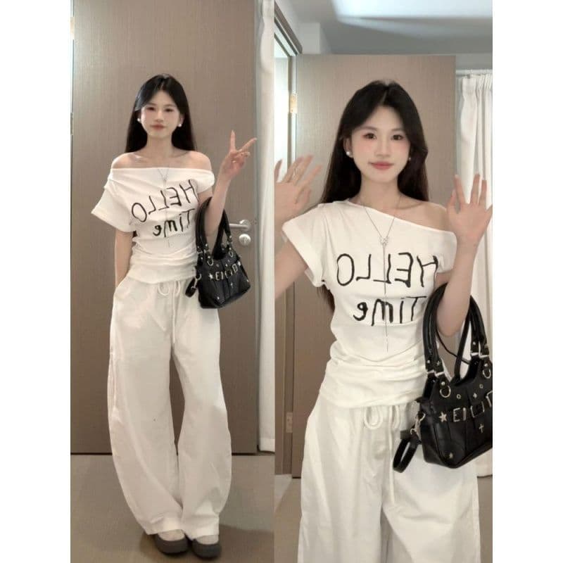 한 부서 Chic 캐주얼 운동복 세트 여성 여름 다용도 몸매 가꾸기 비스듬한 어깨 비틀림 반팔 와이드 레그 팬츠 투피스 세트 이미지 5