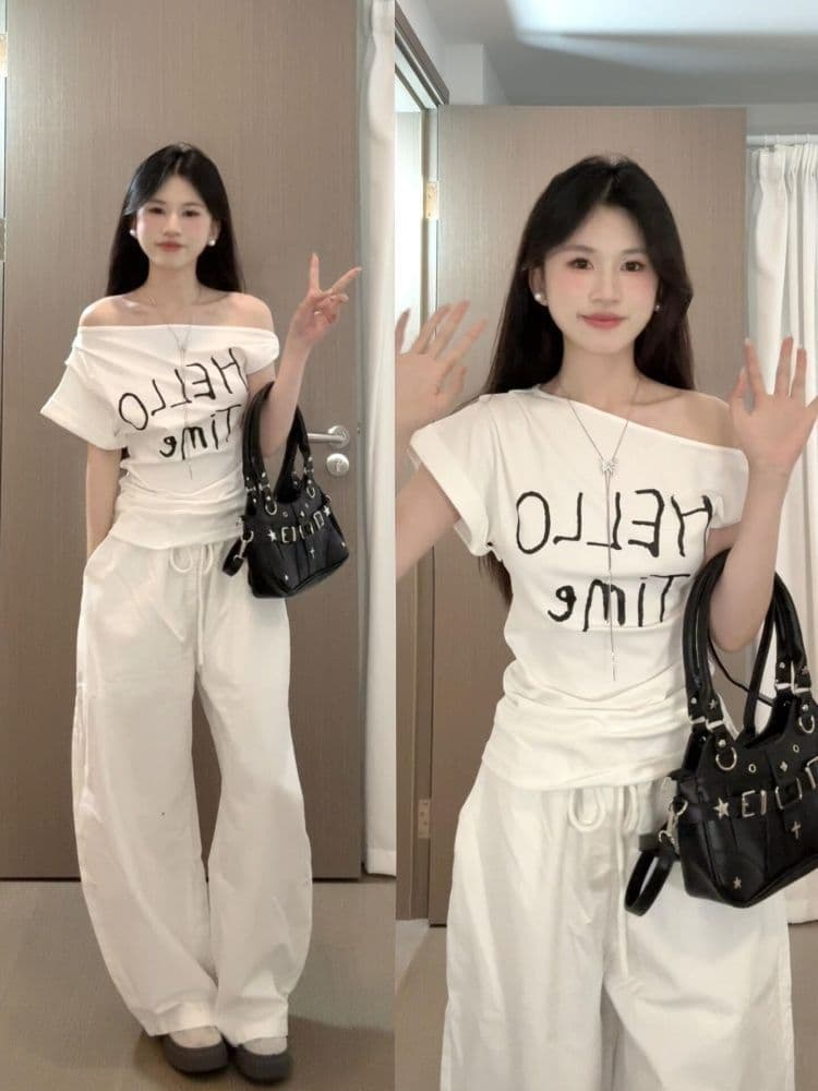 한 부서 Chic 캐주얼 운동복 세트 여성 여름 다용도 몸매 가꾸기 비스듬한 어깨 비틀림 반팔 와이드 레그 팬츠 투피스 세트 상세 이미지 1