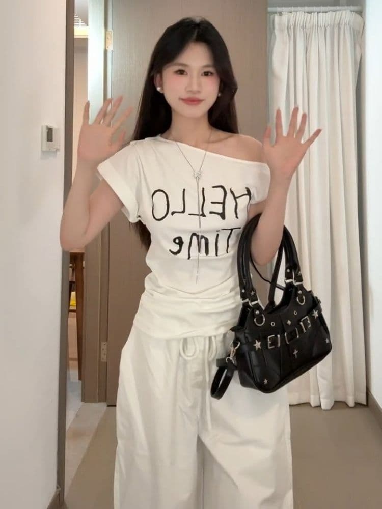 한 부서 Chic 캐주얼 운동복 세트 여성 여름 다용도 몸매 가꾸기 비스듬한 어깨 비틀림 반팔 와이드 레그 팬츠 투피스 세트 상세 이미지 2