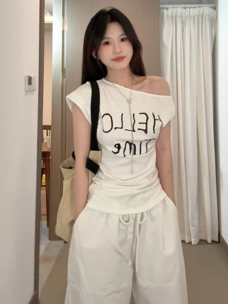 한 부서 Chic 캐주얼 운동복 세트 여성 여름 다용도 몸매 가꾸기 비스듬한 어깨 비틀림 반팔 와이드 레그 팬츠 투피스 세트 상세 이미지 3