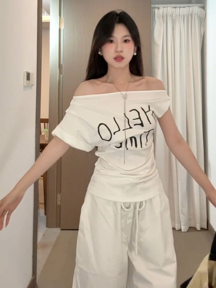 한 부서 Chic 캐주얼 운동복 세트 여성 여름 다용도 몸매 가꾸기 비스듬한 어깨 비틀림 반팔 와이드 레그 팬츠 투피스 세트 상세 이미지 4