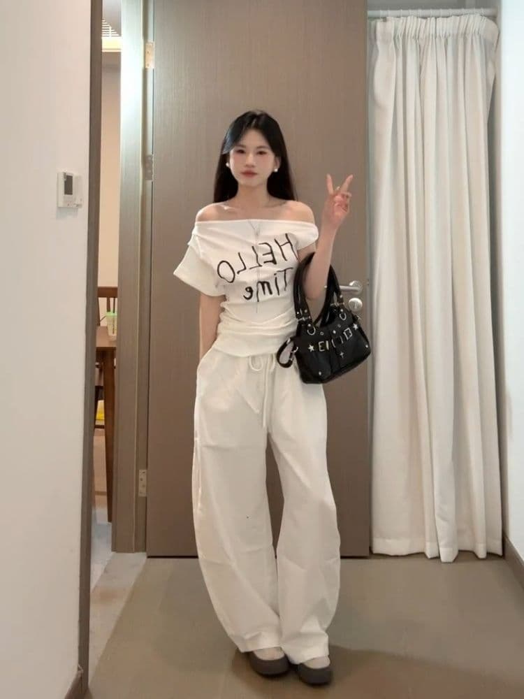 한 부서 Chic 캐주얼 운동복 세트 여성 여름 다용도 몸매 가꾸기 비스듬한 어깨 비틀림 반팔 와이드 레그 팬츠 투피스 세트 상세 이미지 5