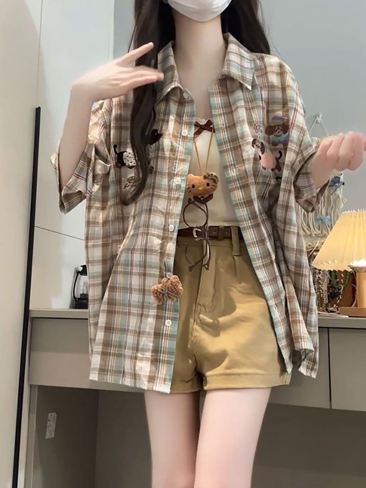 여름 착용 가져 가라. 전체 집합 여성 의류 새로운 달콤한 핫걸 다용도 자수 격자 무늬 셔츠 슬림해 보이는 반바지 투피스 슈트 상세 이미지 3