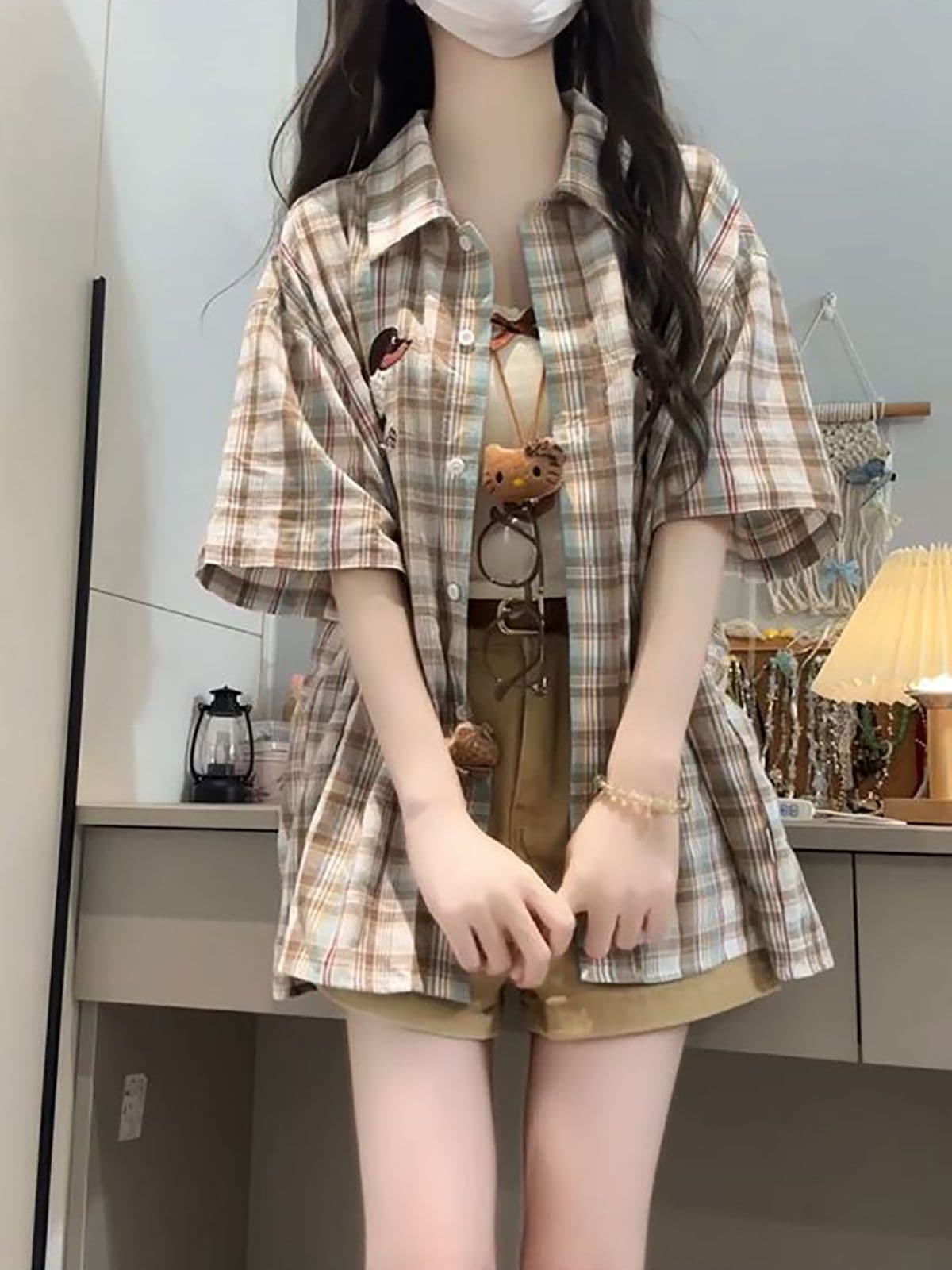 여름 착용 가져 가라. 전체 집합 여성 의류 새로운 달콤한 핫걸 다용도 자수 격자 무늬 셔츠 슬림해 보이는 반바지 투피스 슈트 상세 이미지 4