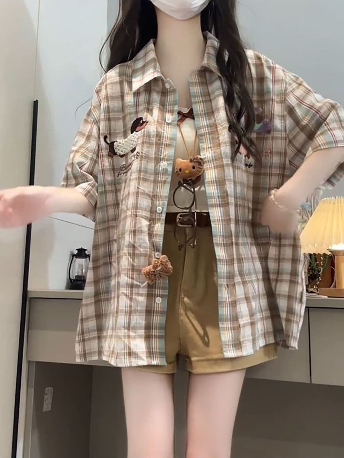 여름 착용 가져 가라. 전체 집합 여성 의류 새로운 달콤한 핫걸 다용도 자수 격자 무늬 셔츠 슬림해 보이는 반바지 투피스 슈트 상세 이미지 5