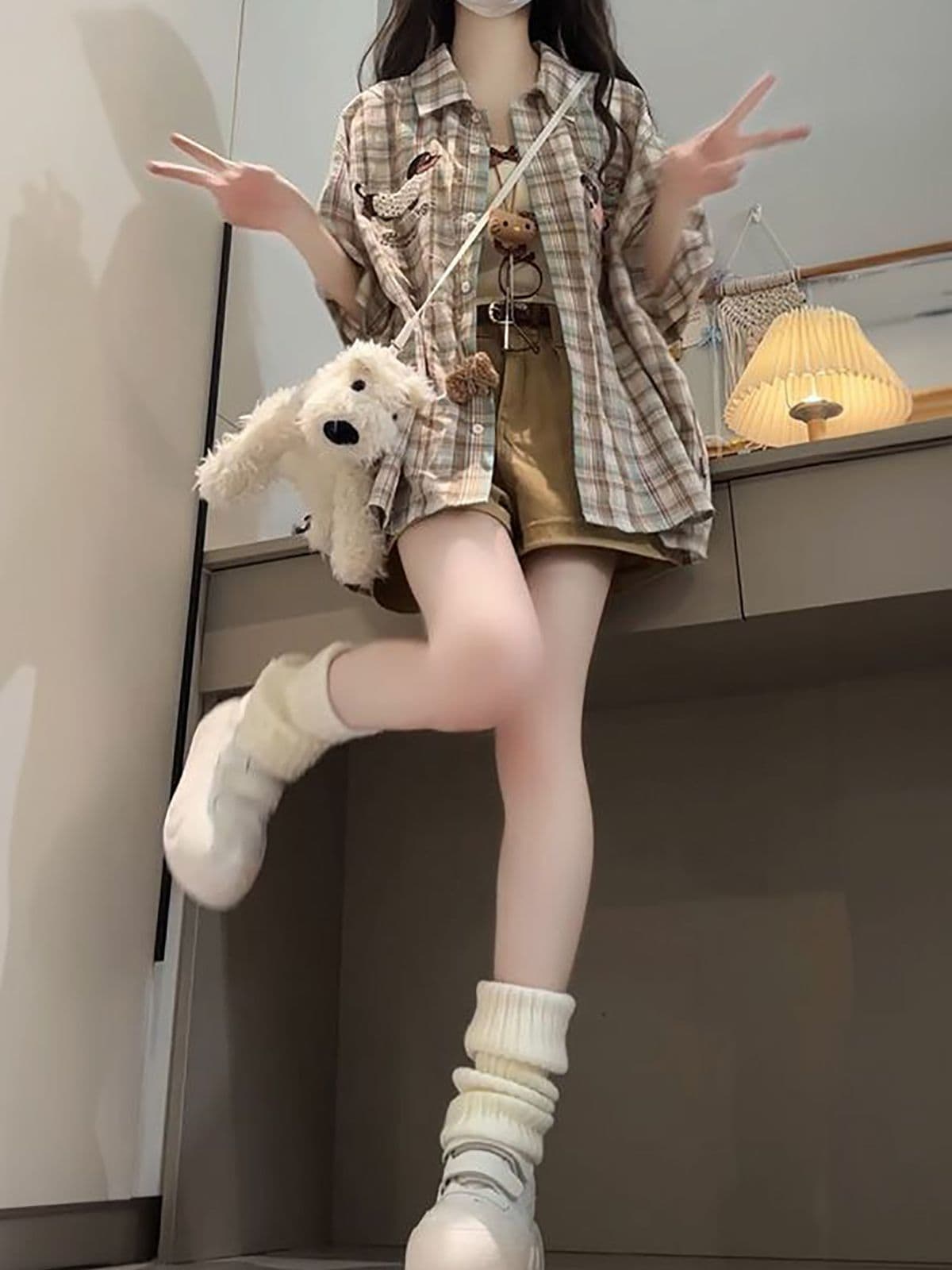 여름 착용 가져 가라. 전체 집합 여성 의류 새로운 달콤한 핫걸 다용도 자수 격자 무늬 셔츠 슬림해 보이는 반바지 투피스 슈트 상세 이미지 6